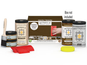 Large Dark Pecan Wood'n Kit exterior top coat by Retique It® for multi-purpose wood finishing, shown in a box with applicator tools.