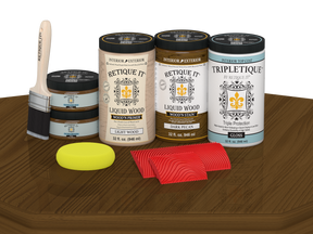 Retique It® Wood'n Finish Kit with four dark pecan stain bottles, featuring glossy wood stain on a tabletop.