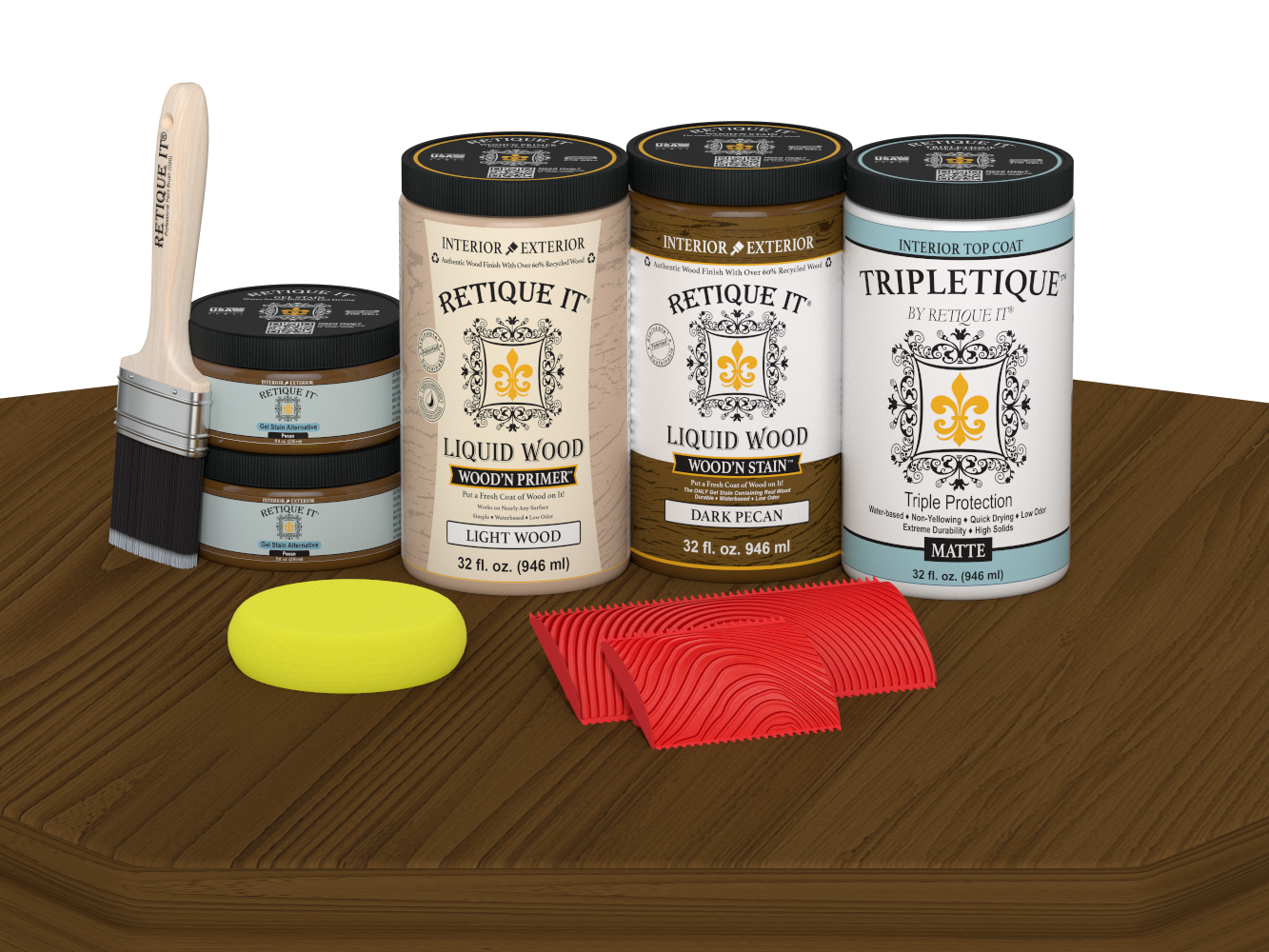 Retique It® Wood'n Finish Kit with four dark pecan stain bottles, matte finish, designed for tabletop wood projects.