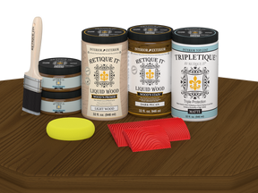 Retique It® Wood'n Finish Kit with four dark pecan stain bottles, matte finish, designed for tabletop wood projects.