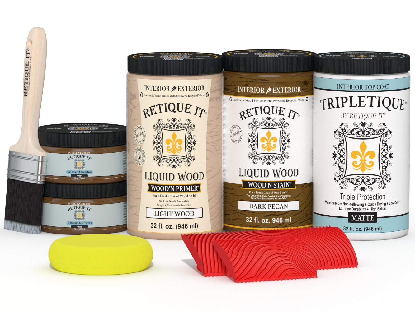 Retique It® Wood'n Finish Kit in Dark Pecan stain, four large stain bottles with matte finish for wood furniture.