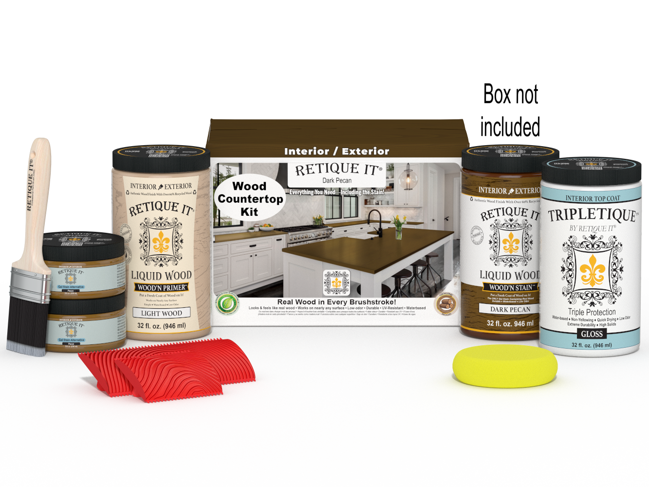 Retique It® dark pecan countertop kit with stains, featuring a full kitchen setup and a dark wood finish for countertops.