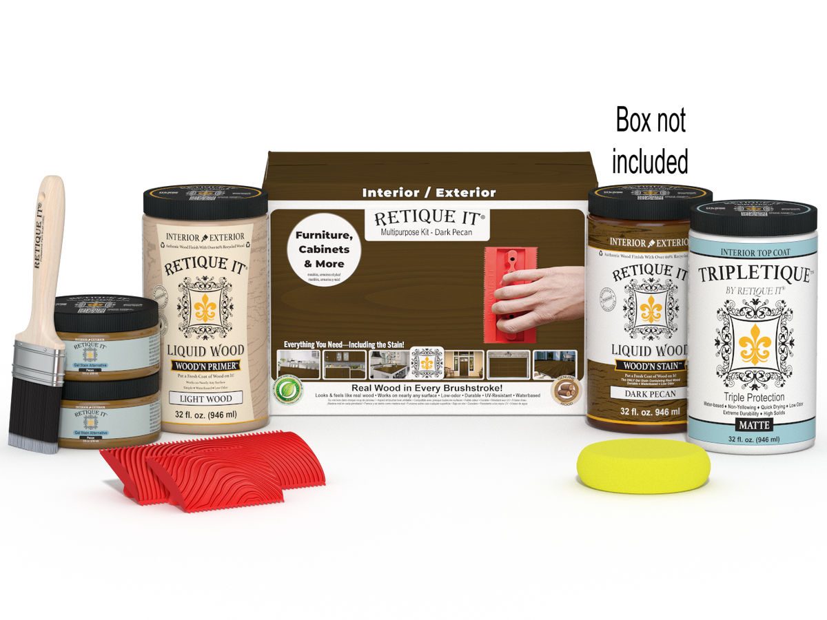 Large Dark Pecan Wood'n Finish Kit by Retique It® with interior top coat and wooden tools, in a box.