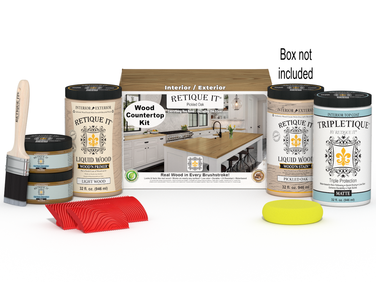 Retique It® Pickled Oak countertop kit stain showing sample swatch and packaging for full kitchen renovation.