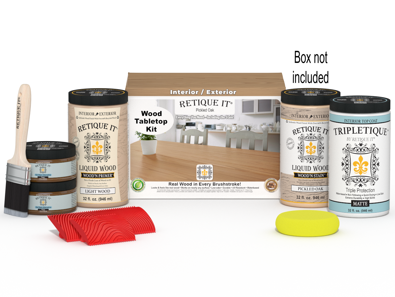 Retique It® Wood'n Finish Kit for tabletops, pickled oak stain, includes four large stain bottles with packaging.