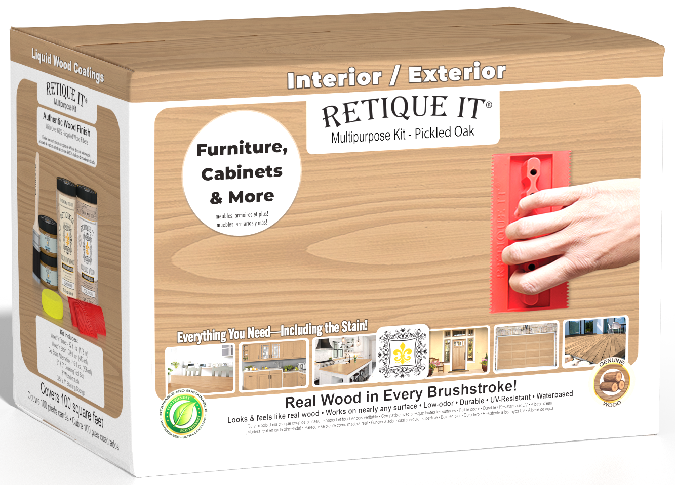 Retique It Pickled Oak multipurpose liquid wood refinishing kit box with light wood grain finish examples and a red graining tool.