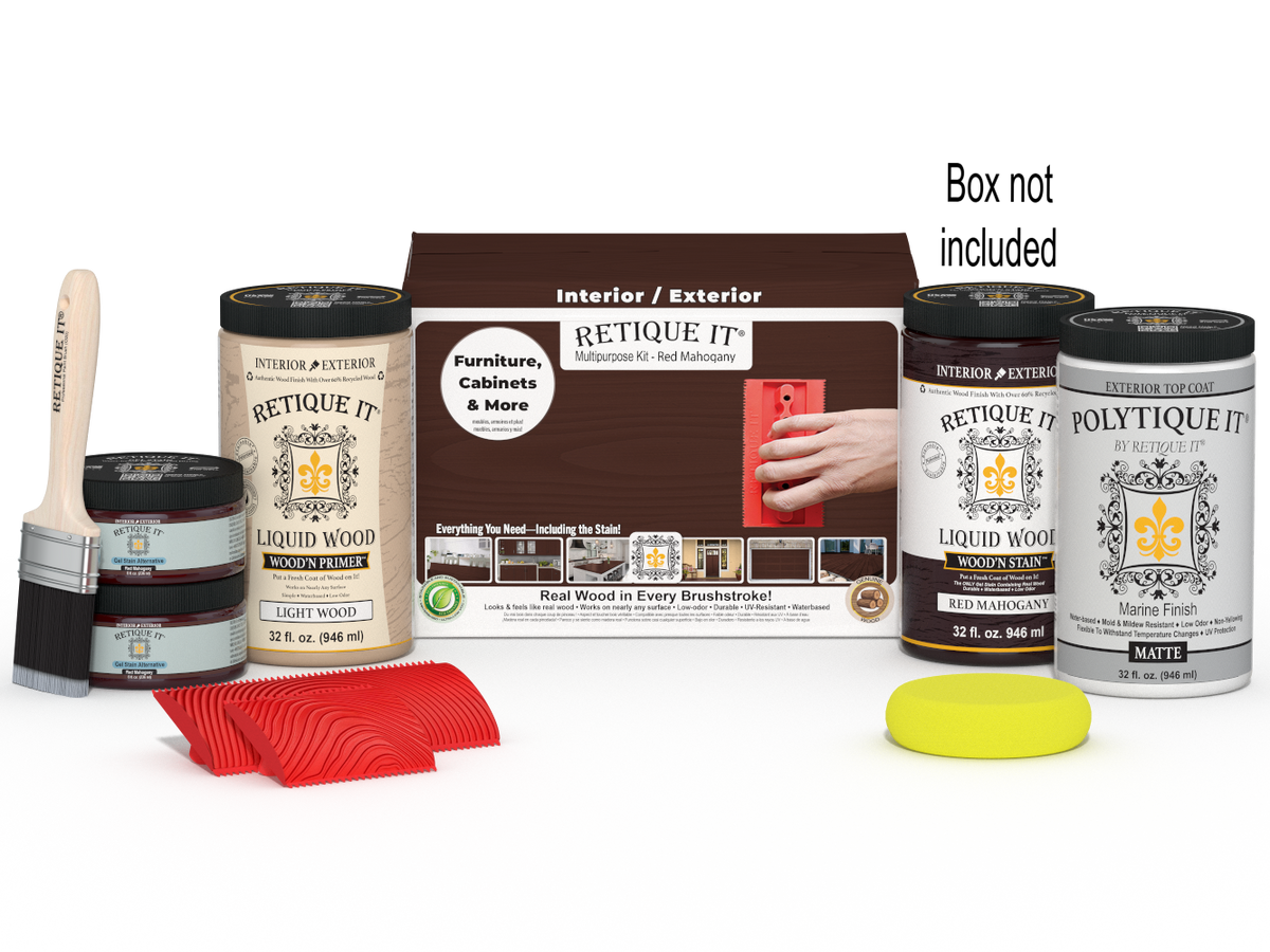 Large Red Mahogany Wood'n Finish Kit by Retique It for exterior top coating, includes tools and product in box.