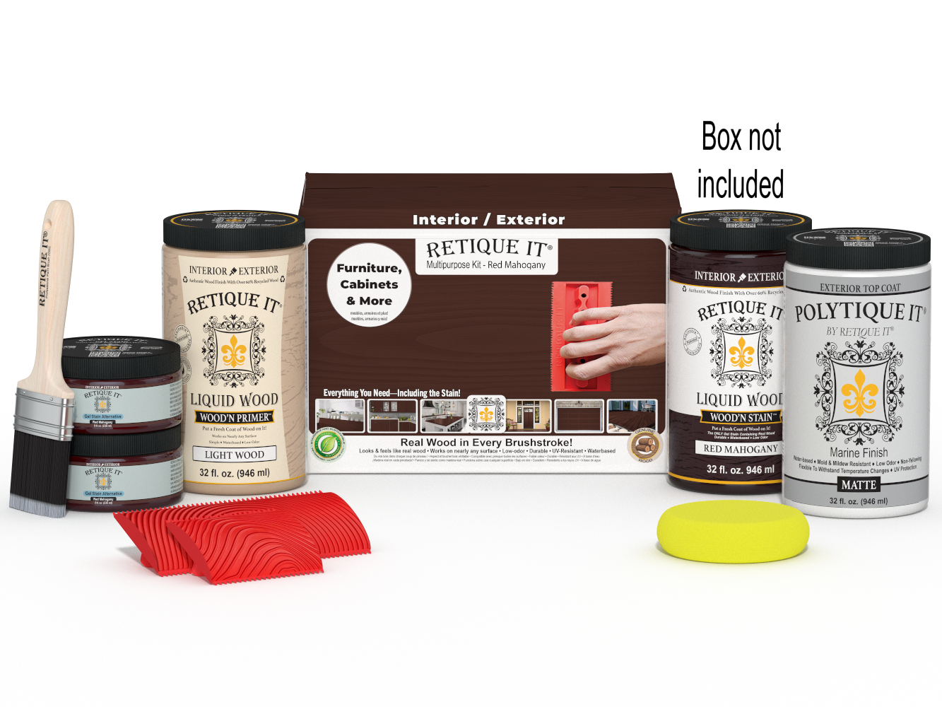 Large Red Mahogany Wood'n Finish Kit by Retique It® for exterior top coating, includes tools and product in box.