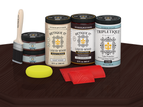 Retique It® Wood'n Cabinet Kit in Red Mahogany stain with 12 grained cabinet doors, glossy finish, on a tabletop.