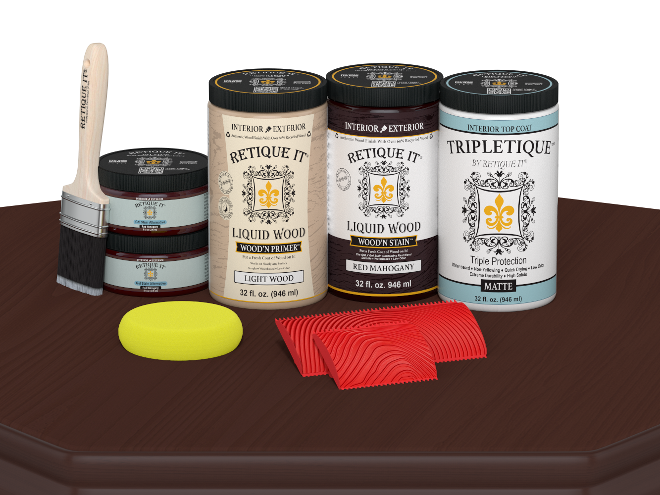 Large Red Mahogany Wood'n Finish Kit by Retique It® with matte interior top coat, includes wood finish tools and supplies.