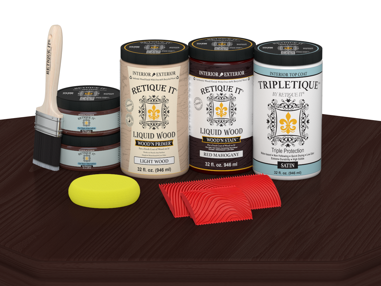 Retique It® Wood'n Cabinet Kit with 12 red mahogany stained doors, satin finish on grained wood for cabinetry updates.