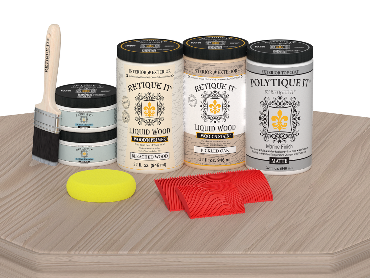 Large Sun Bleached Wood'n Kit by Retique It for exterior wood finishing with matte top coat, displayed on a table.