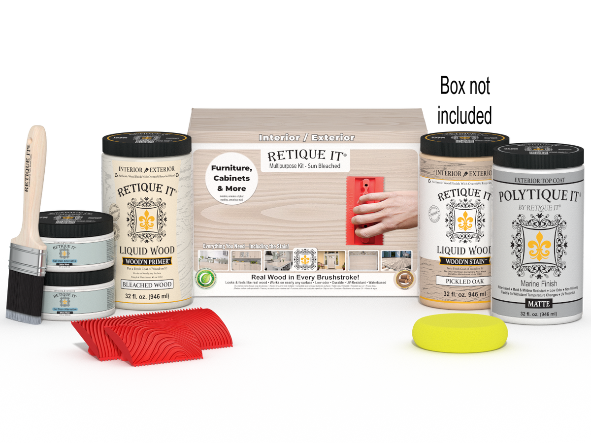 Retique It Wood'n Finish Kits in WNK32-SBCH-PLTQM with a wooden box containing finishing supplies.