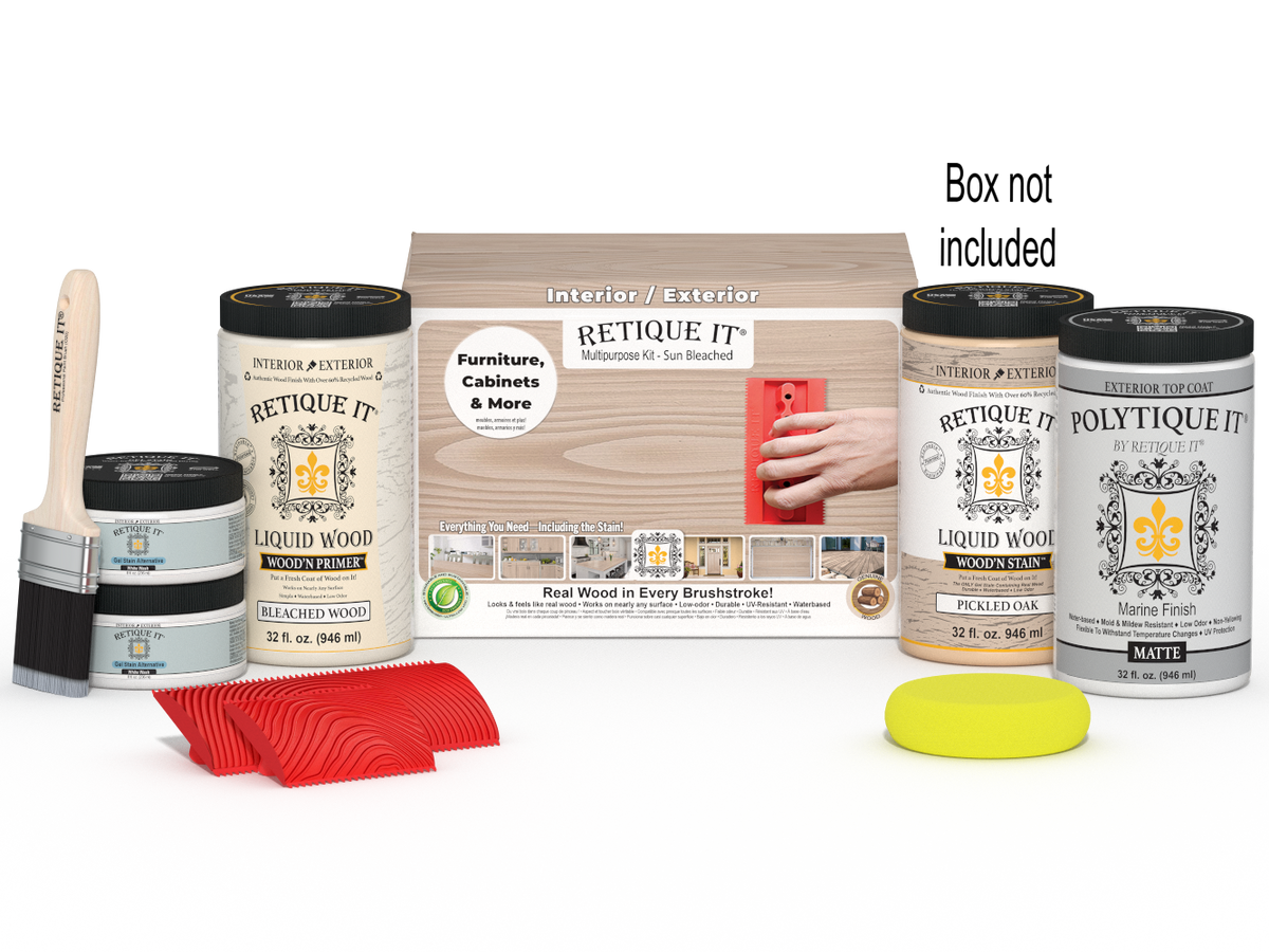 Large Sun Bleached Wood'n Finish Kit by Retique It for exterior top coating, includes brushes and application tools in the box.