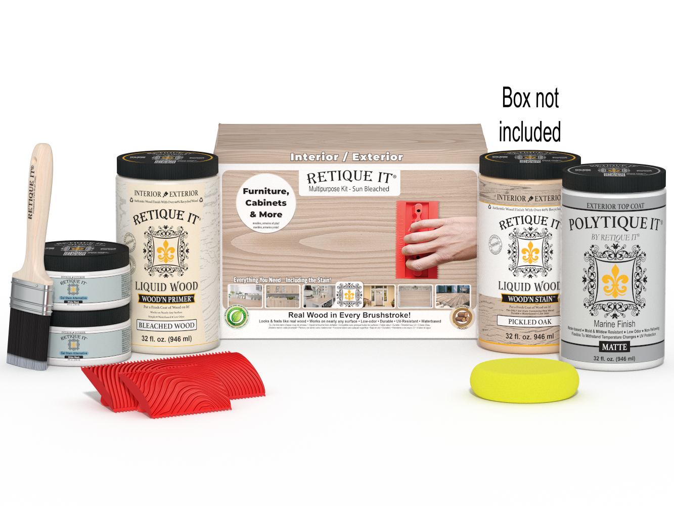 Large Sun Bleached Wood'n Finish Kit by Retique It® for exterior top coating, includes brushes and application tools in the box.