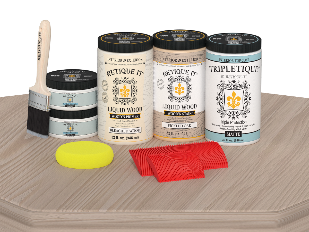 Retique It® Wood'n Finish Kit (4x Large) in Sun Bleached for tabletops, includes matte finish wood staining and finishing supplies.