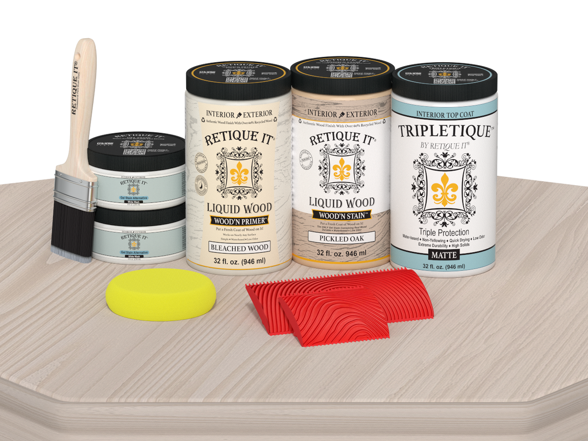 Retique It Wood'n Finish Kit with matte wood stain, shown on a table for a natural wood finish look.