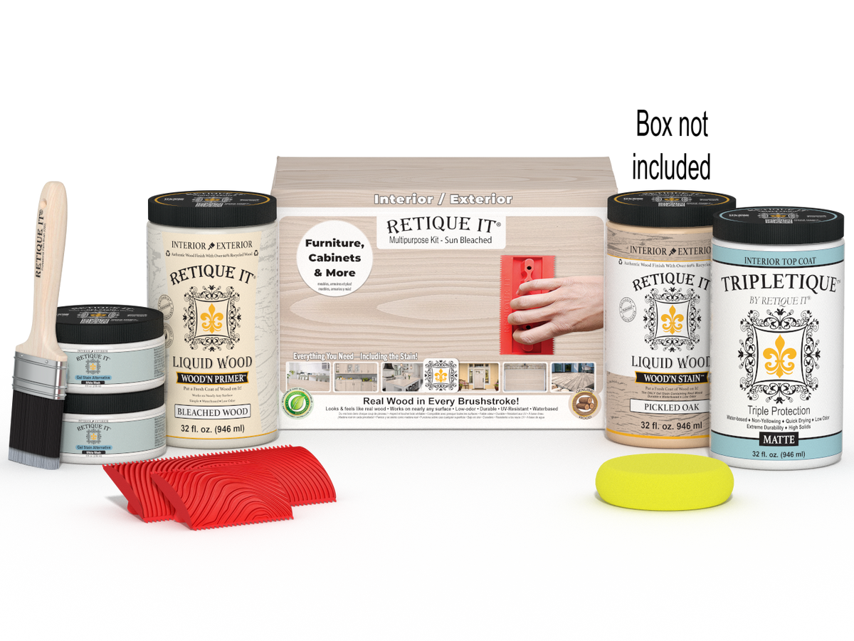 Retique It Wood'n Finish Kit with sandpaper and tools for wood finishing, shown in the box.