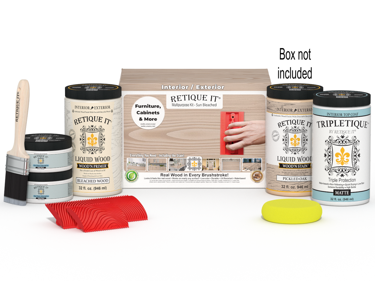 Large Sun Bleached Wood'n Finish Kit by Retique It with interior top coat, includes brushes and applicators for wood finishing projects.