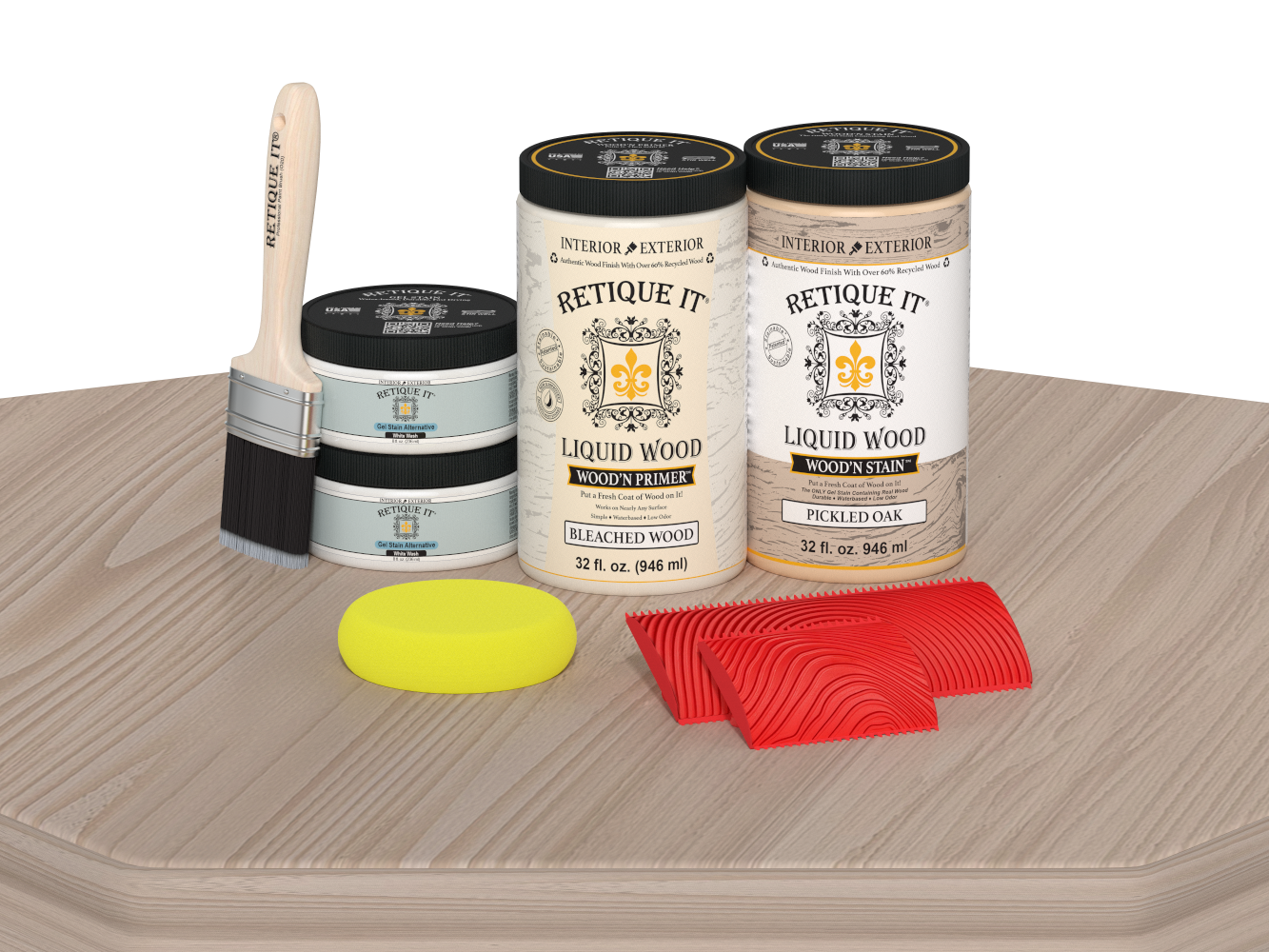 Retique It Wood'n Finish Front Door Kit (Double) in Sun Bleached color, displayed on table with wood grain details.