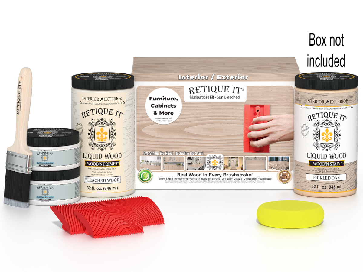 Large Sun Bleached Wood'n Kit by Retique It for finishing and restoring wood surfaces, includes brushes and accessories.