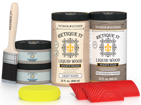 Weathered wood stain kit for cabinets, featuring 12 door panels with a grained, weathered wood finish by Retique It®.
