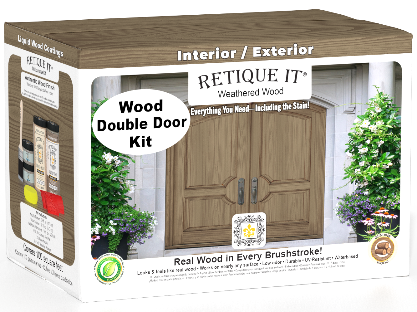 Double weathered wood front door kit with Retique It® wood stain, showcasing the finished stained surface and door design.