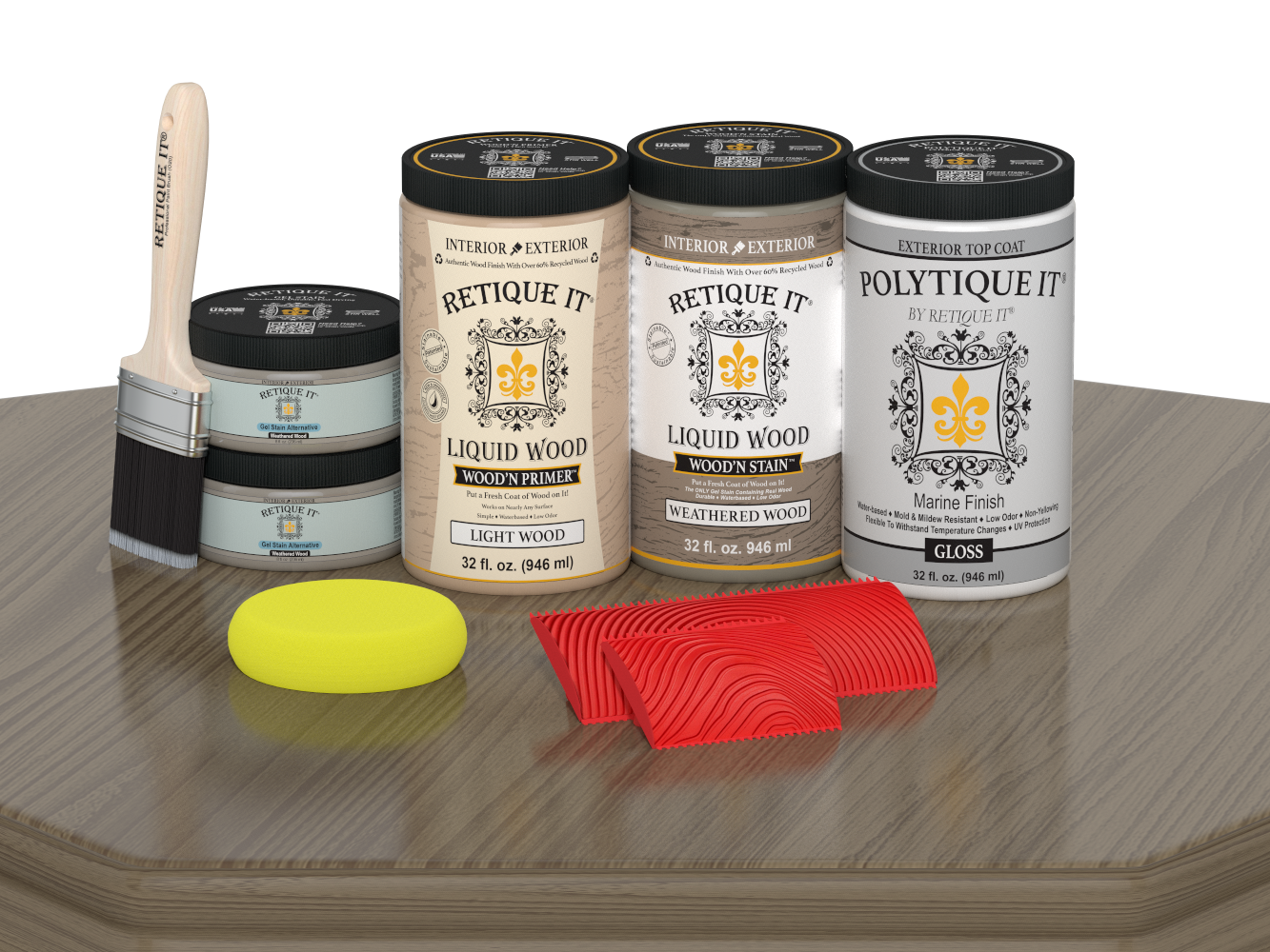 Large Weathered Wood Multi-purpose Wood'n Kit by Retique It® with glossy exterior top coat, showing weathered wood finish on a table.