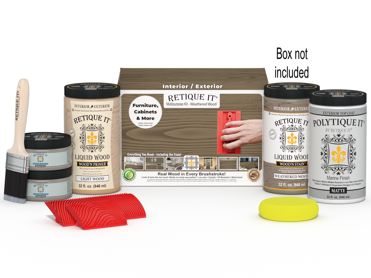 Large Weathered Wood Multi-purpose Wood'n Kit by Retique It with exterior top coat, featuring weathered wood finish and application tools.