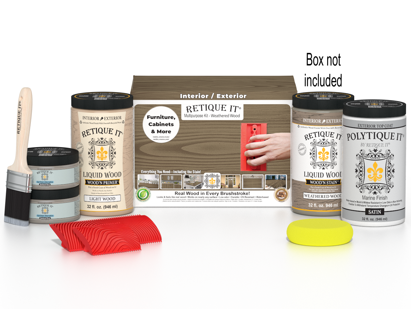 Large Weathered Wood Multi-purpose Wood'n Kit by Retique It® with exterior top coat and applicator brush in box.
