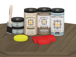 Retique It® Wood'n Cabinet Kit with weathered wood stain, featuring 12 grained cabinet doors on a tabletop surface.