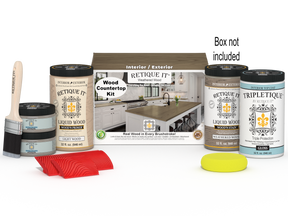 Weathered wood kitchen countertop with Retique It® stain kit, showing a full countertop surface with weathered wood finish.