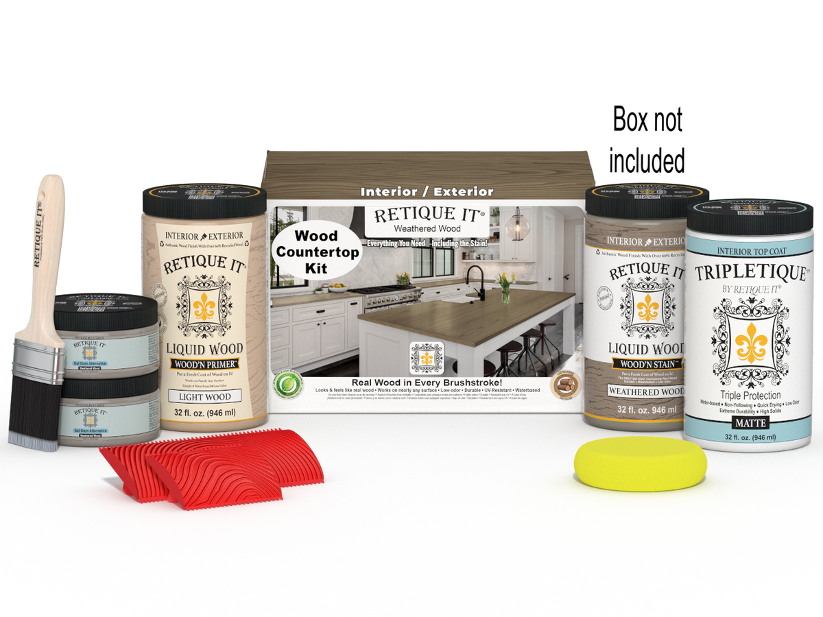 Retique It® weathered wood countertop kit with stain, featuring a full kitchen setup and a box of materials for countertop renovation.
