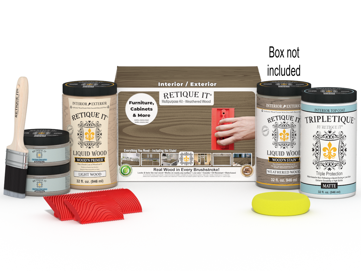 Large Weathered Wood Multi-purpose Wood'n Kit by Retique It with interior top coat and finishing supplies in a box.