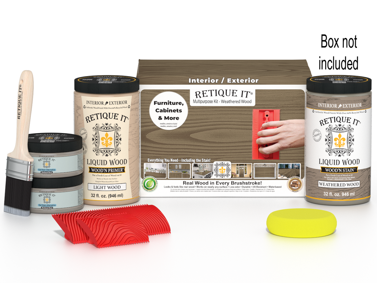 Large Weathered Wood Wood'n Finish Kit by Retique It showing included weathered wood finish products in the box
