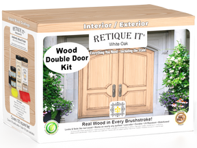 Retique It® Wood'n Finish Double Front Door Kit in White Oak stain, featuring a double door with natural wood grain details.