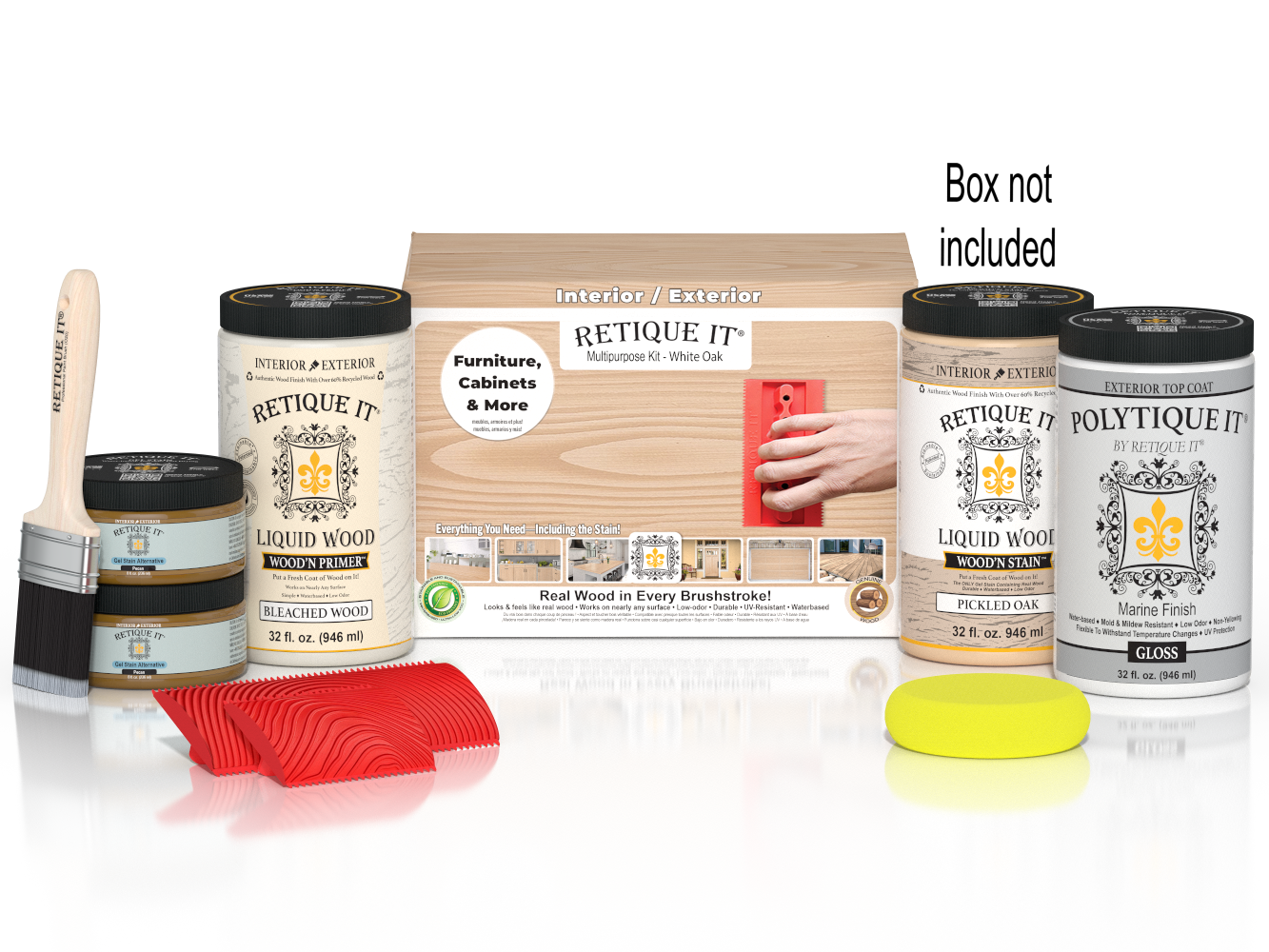 Retique It® Wood'n Finish Kit in Walnut, featuring wood stain and finishing tools, displayed in a box for easy application.