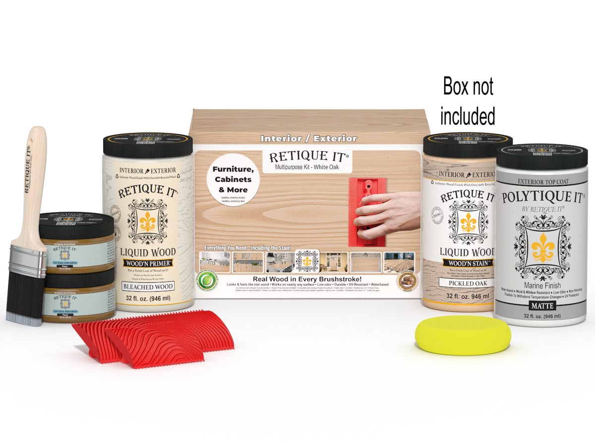 Retique It Wood'n Finish Kit in warm oak color, includes wood stain and finishing supplies for furniture restoration.