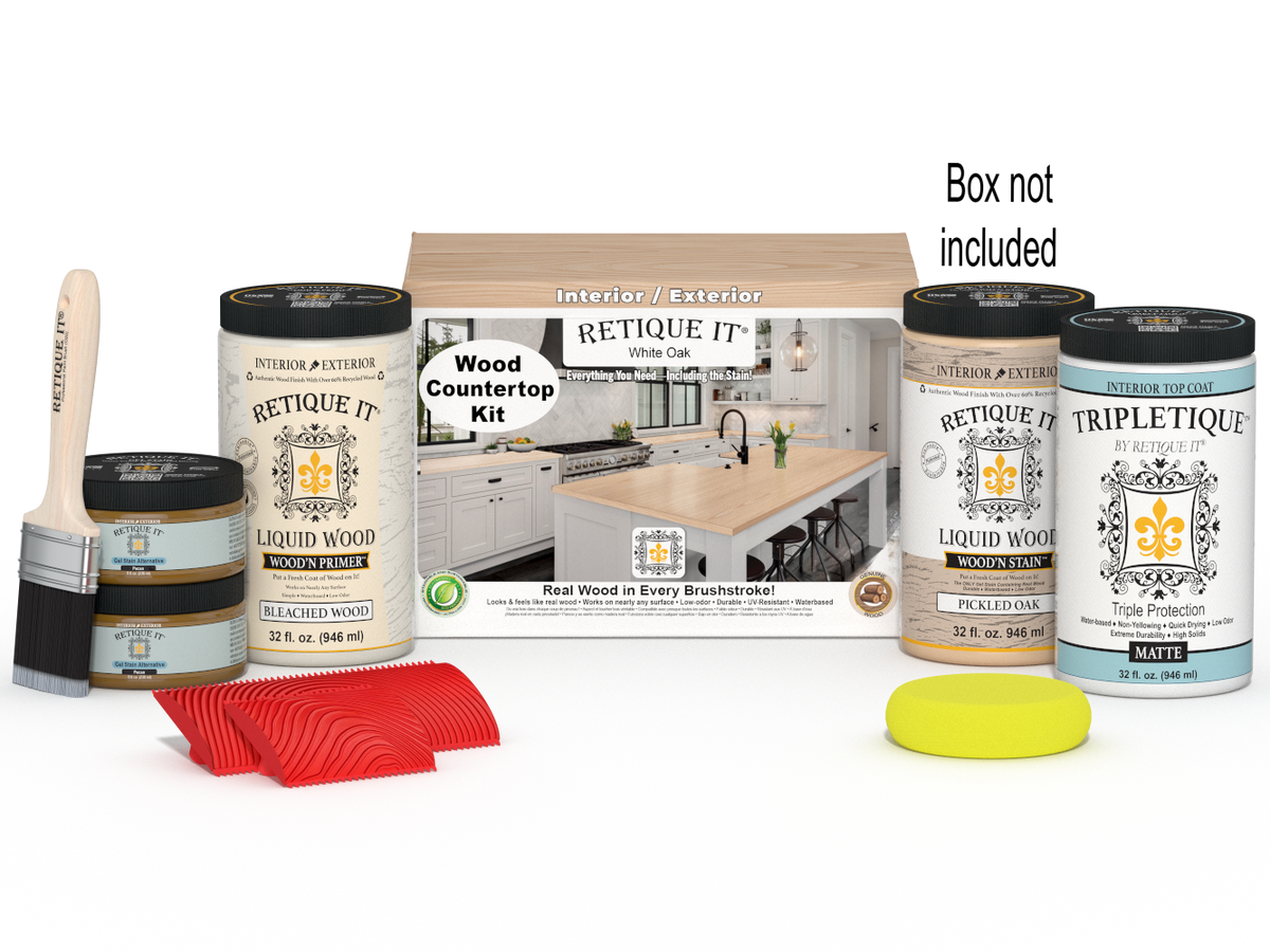 Retique It® White Oak countertop kit with stain, featuring a full kitchen setup and a box of supplies for countertop finishing.