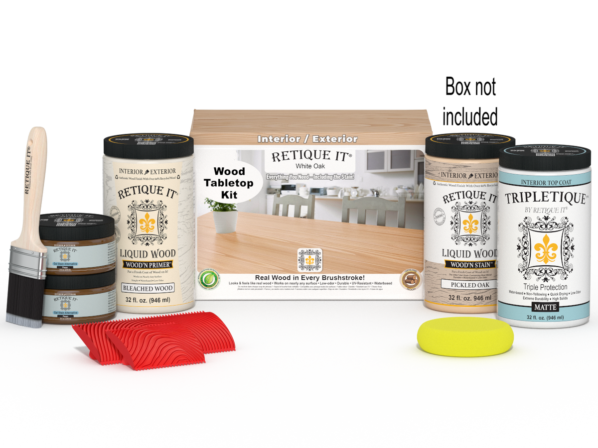 Retique It® Wood'n Finish Kit with four large white oak stains for tabletops, featuring stain bottles and application box.