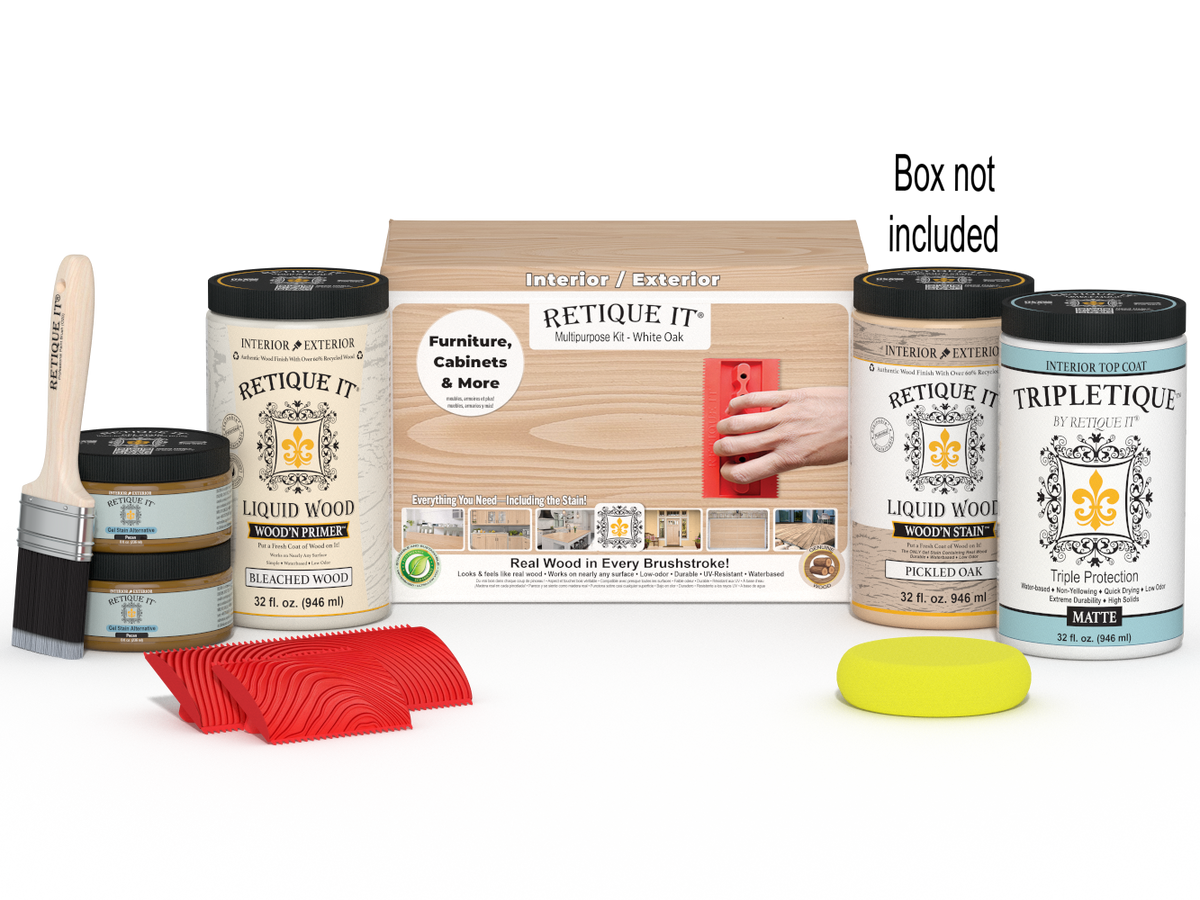 Large White Oak Wood'n Finish Kit by Retique It with interior top coat and applicator brush in a white box.