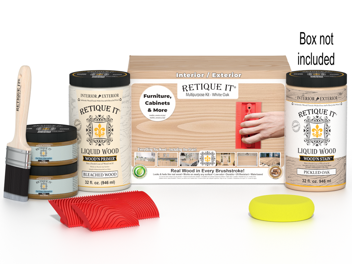 Large White Oak Wood'n Finish Kit by Retique It with various tools and supplies for wood finishing projects.