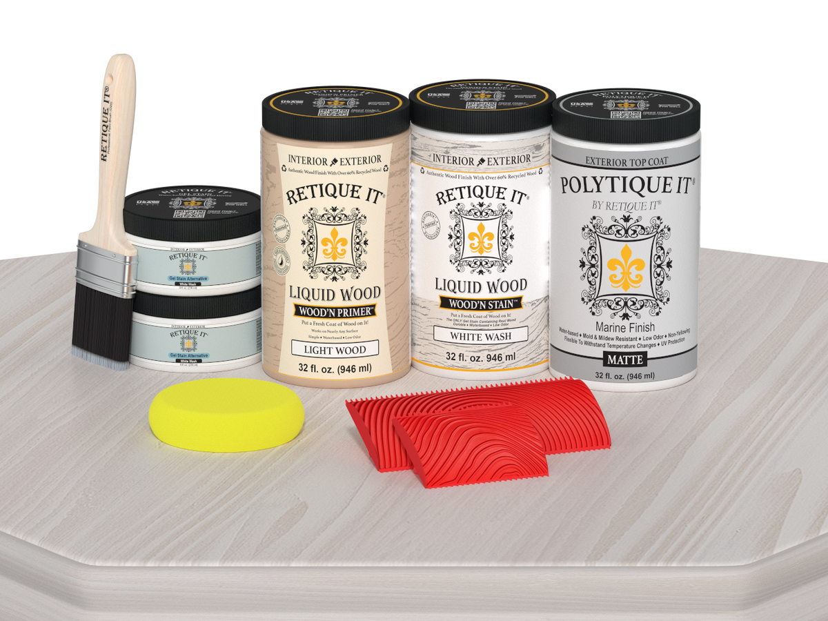 Large White Wash Wood'n Finish Kit by Retique It with matte exterior top coat, displayed on a table for multi-purpose wood finishing.