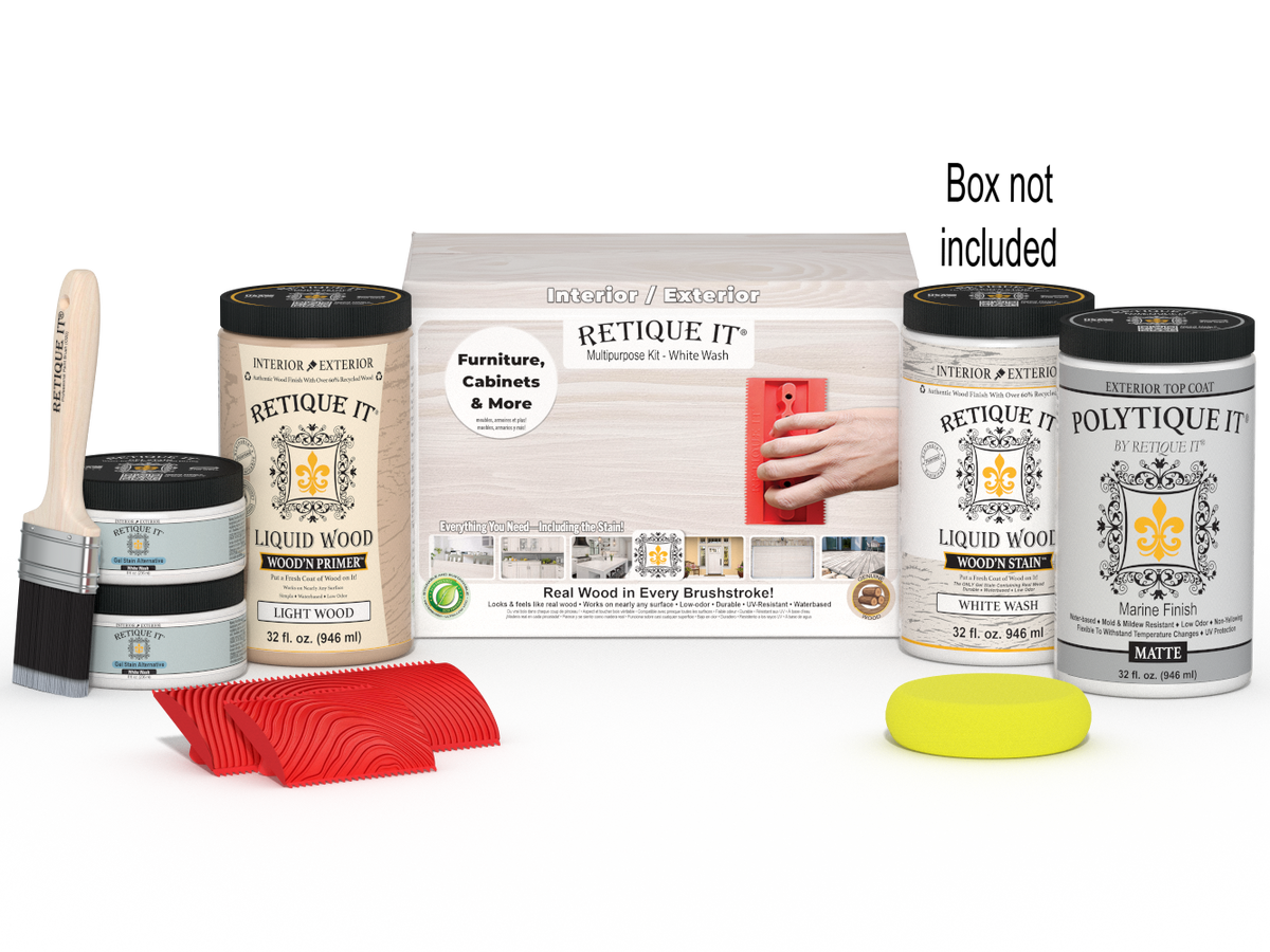 Large White Wash Wood'n Finish Kit by Retique It with exterior top coat and applicator palette in a box.