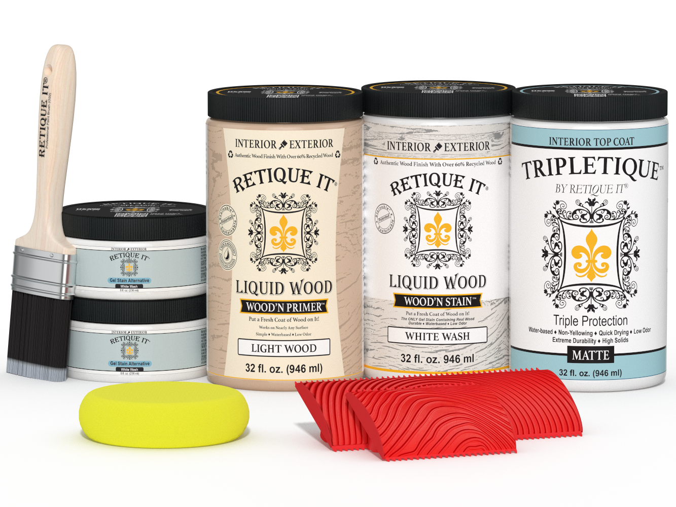 Retique It® Wood'n Finish Kit in white wash stain, four large bottles, for tabletop wood finishing in a matte finish.