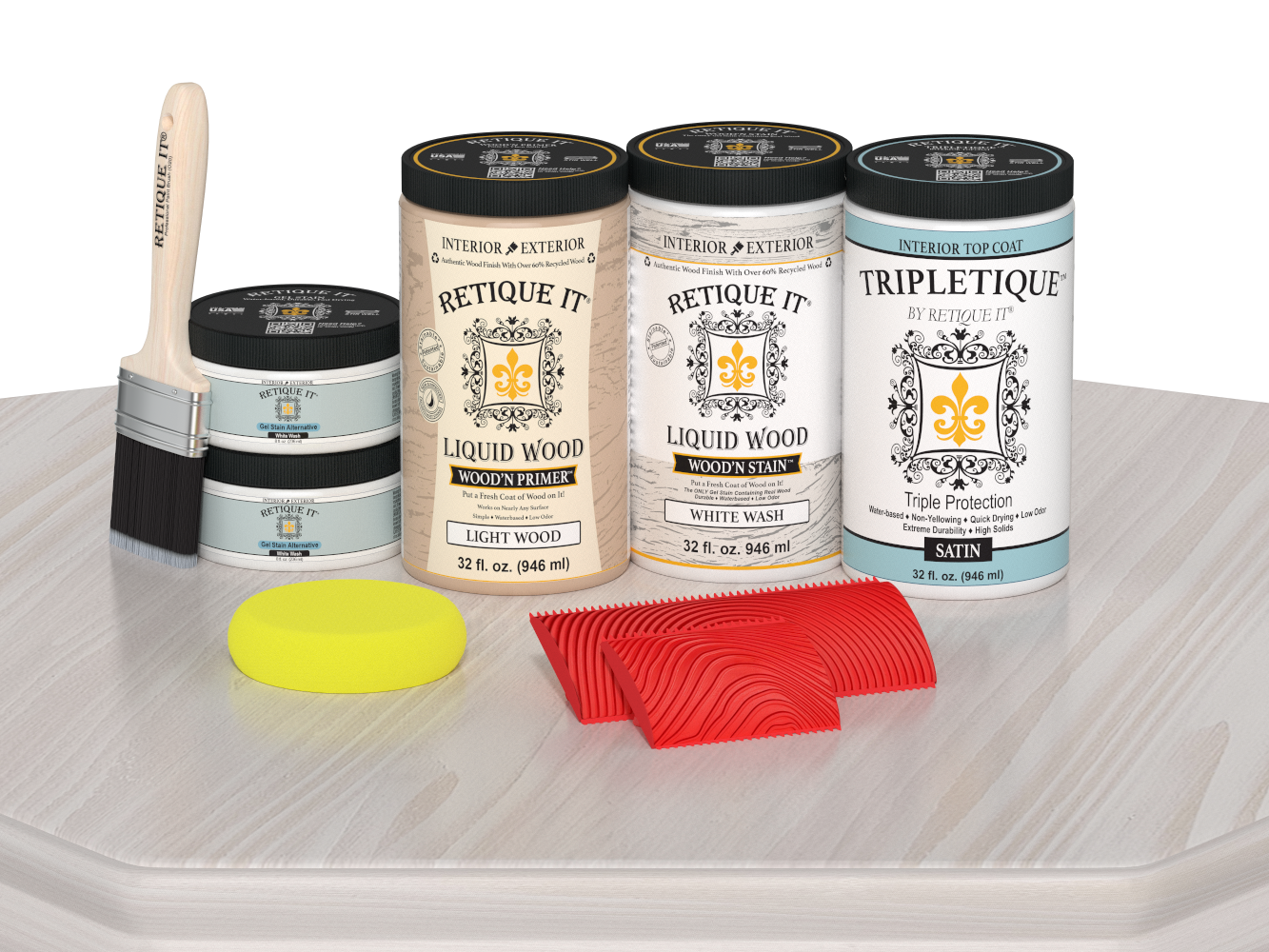 Retique It® Wood'n Finish Kit with four large white wash stain bottles for tabletops, satin finish on wood surface.