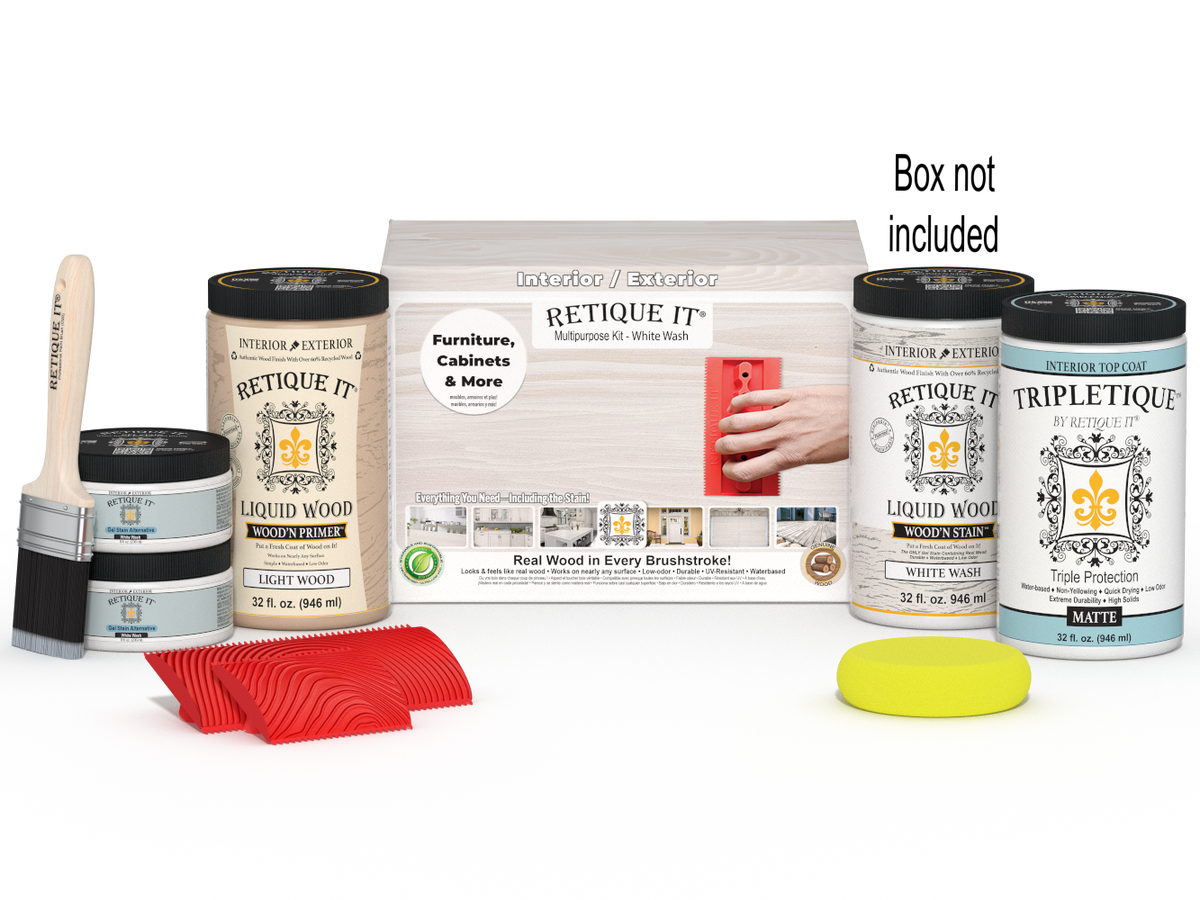 Large White Wash Wood'n Finish Kit by Retique It for interior wood projects, includes top coat and application tools.