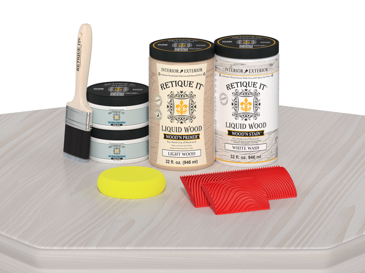 Large White Wash Wood'n Finish Kit by Retique It on table, featuring wood finishing tools and supplies in a multi-purpose kit.