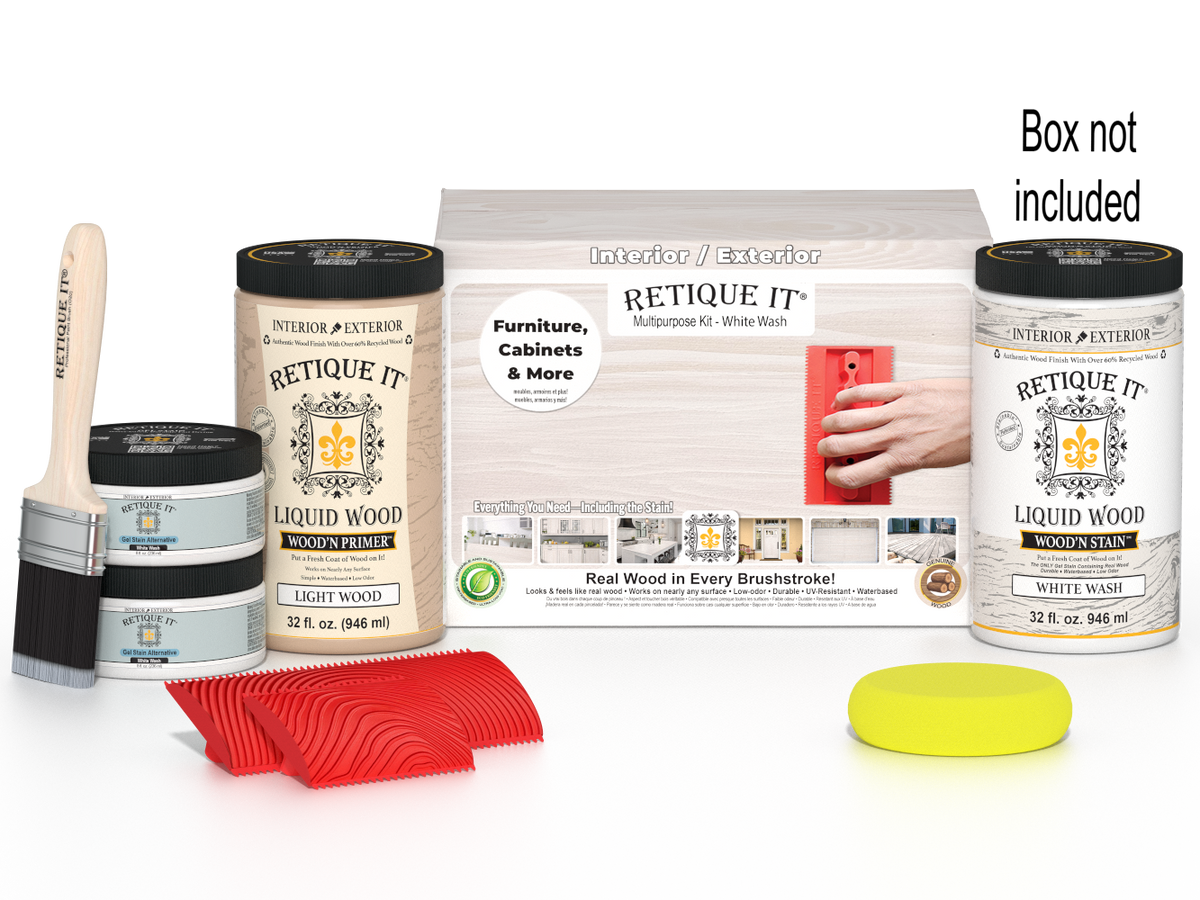 Large White Wash Wood'n Finish Kit by Retique It, featuring wood finish tools and supplies in a white wash design.