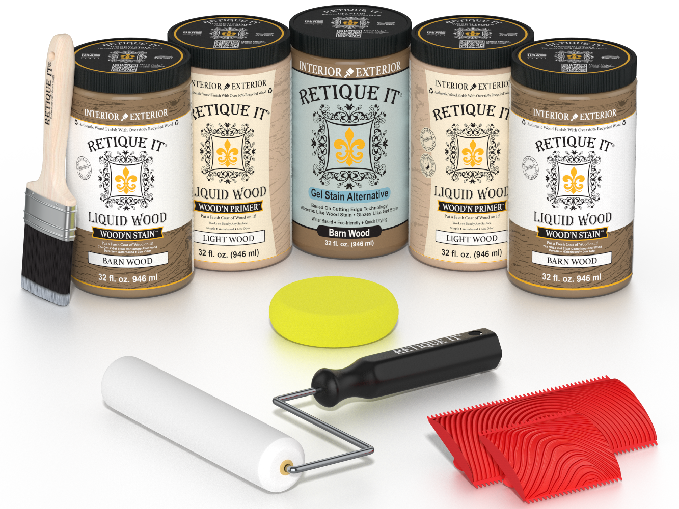 Retique It Barn Wood Kit with Liquid Wood, Barn Wood Gel Stain Alternative, yellow sponge, red graining tool, roller, and brush.
